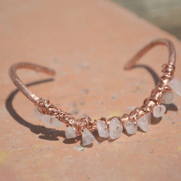 Rose Quartz Copper Wire Wrap Cuff Bracelet Bangle Gemstone Natural Reiki Healing - Picture 6 of 8